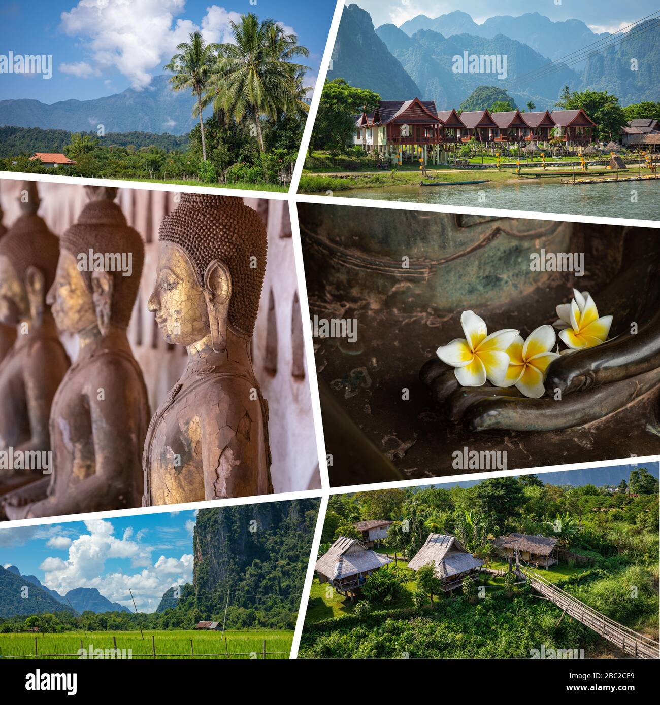 Collage of popular tourist destinations in Laos. Travel background
