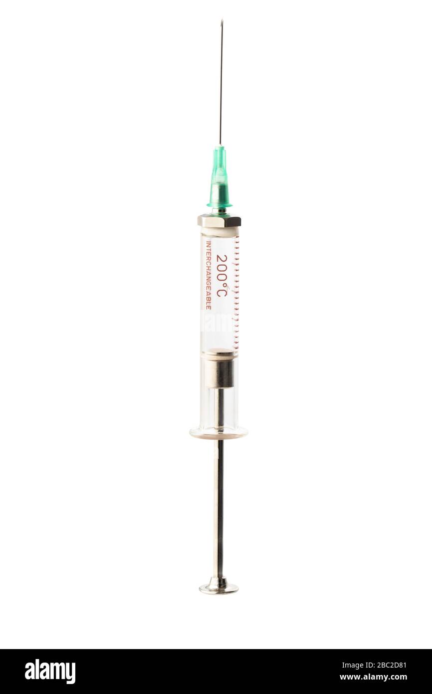 glass syringe with green needle on white background Stock Photo Alamy