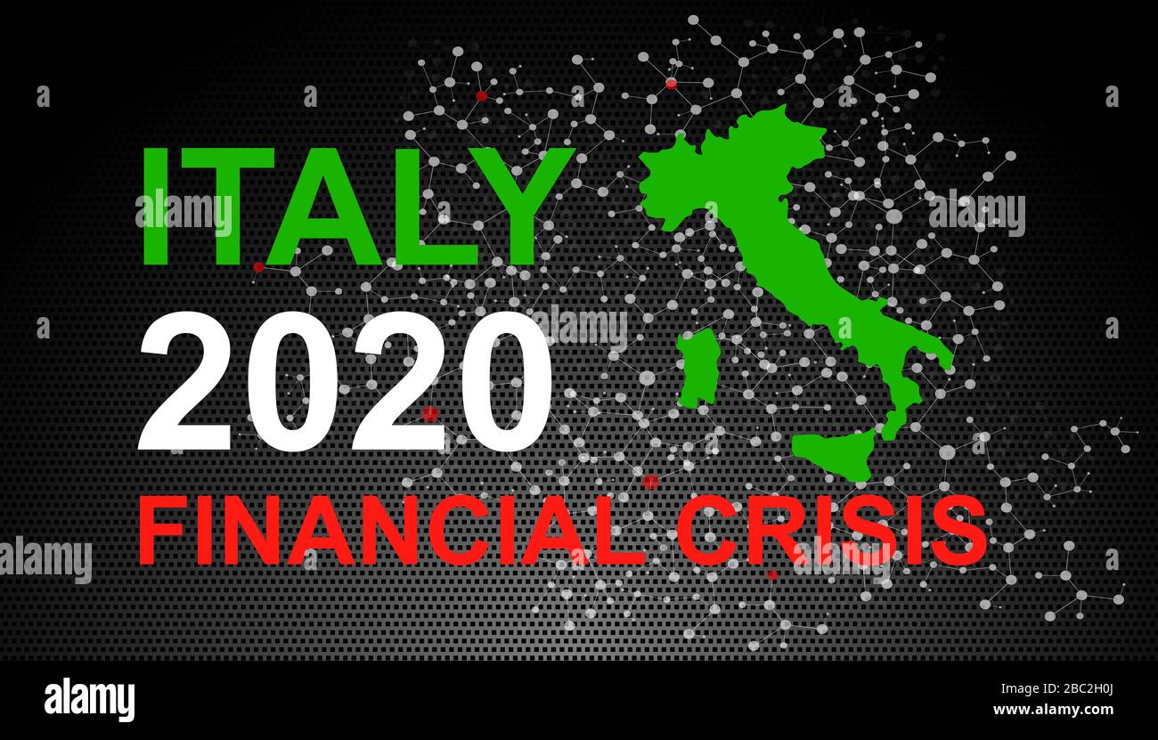 Italy Economic financial crises. Red title and Italy map indicating the economic crises that will happen in 2020 after the Coronavirus Stock Photo