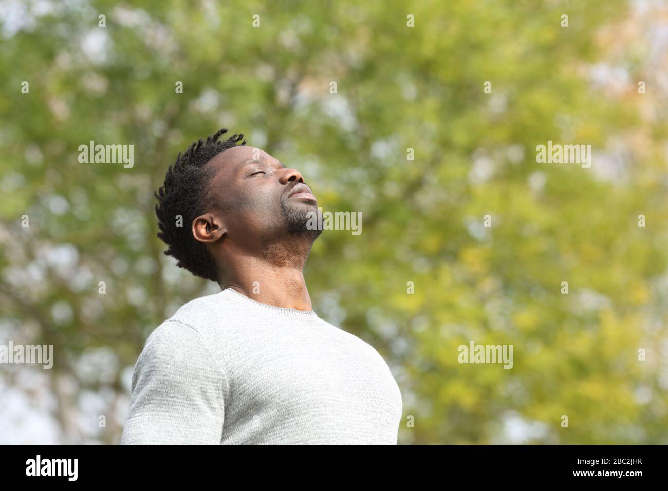 Black serious man breathing deeply fresh air in a park a sunny day with a green tree in the background Stock Photo