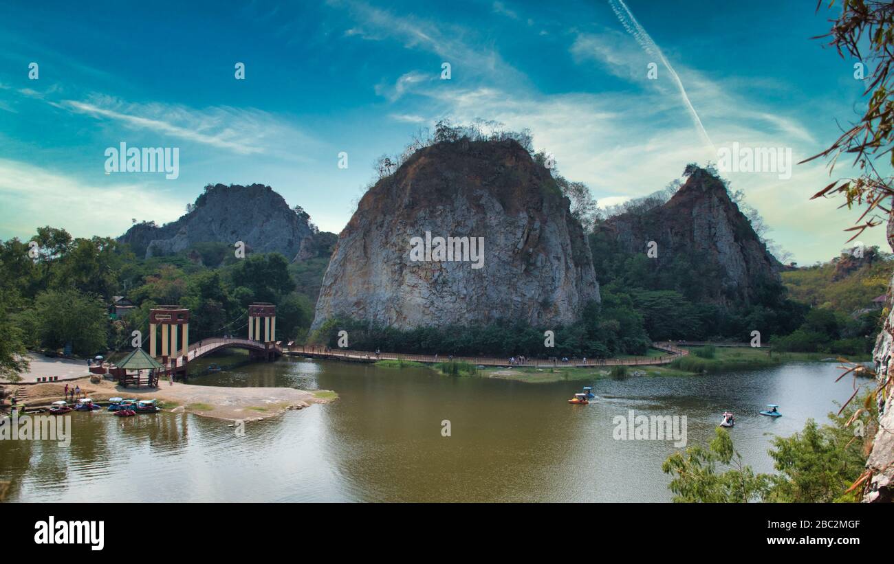 Khao Ngu Rock Park, the name Khao Ngu means hills of snakes. Locals believe the area was home to serpents but nowadays is a touristic spot for day-tri Stock Photo