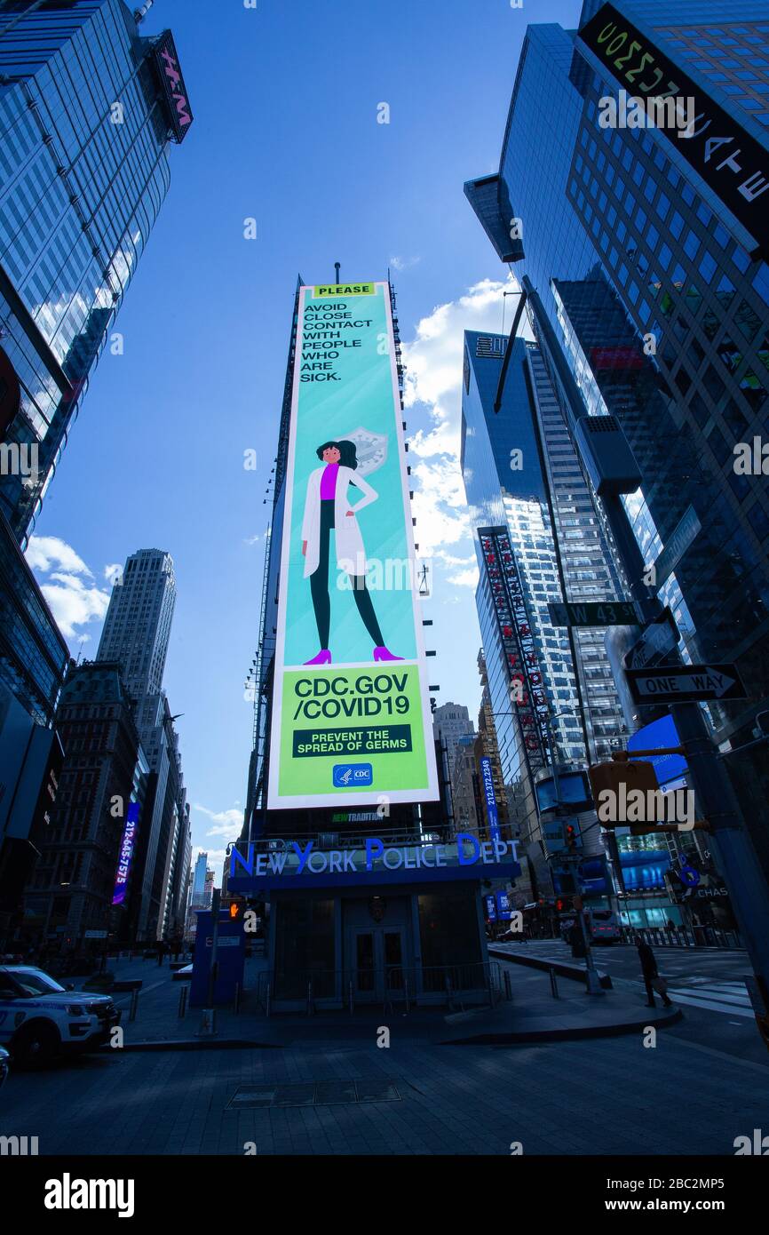 Times square, New york city police station, covid19, electronic Large billboard public safety warning on April1,2020 during coronavirus pandemic Stock Photo