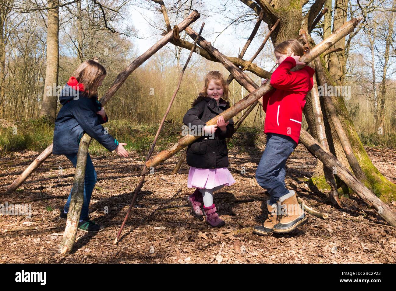 Three / kids / kid / and a wigwam stack of trees branches leant up on a ...