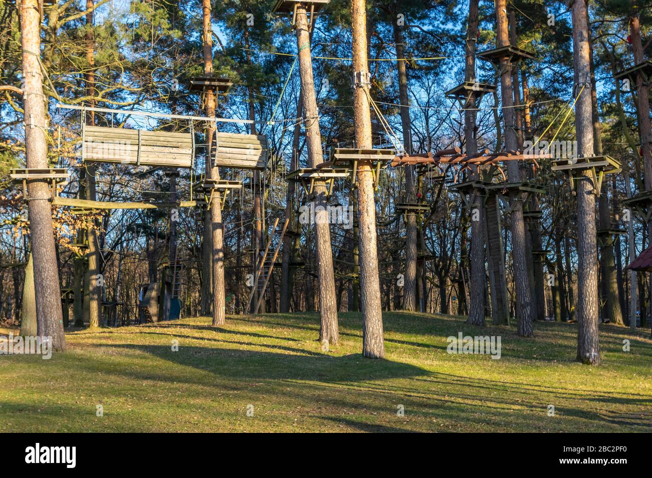 Climbing garden, high ropes course in the forest with various climbing elements and safety ropes between the individual trees and benches to rest Stock Photo