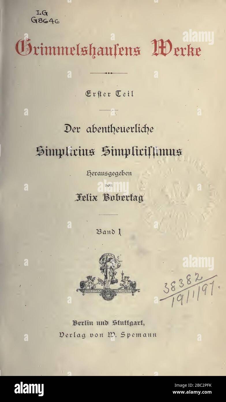 Grimmelshausen, Hans Jacob Christoffel von – Abenteuerliche Simplicissimus vol 1 – BEIC 2830475. Stock Photo