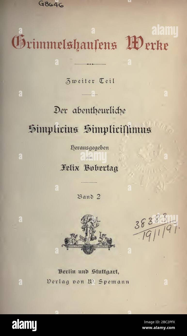 Grimmelshausen, Hans Jacob Christoffel von – Abenteuerliche Simplicissimus vol 2 – BEIC 2831266. Stock Photo