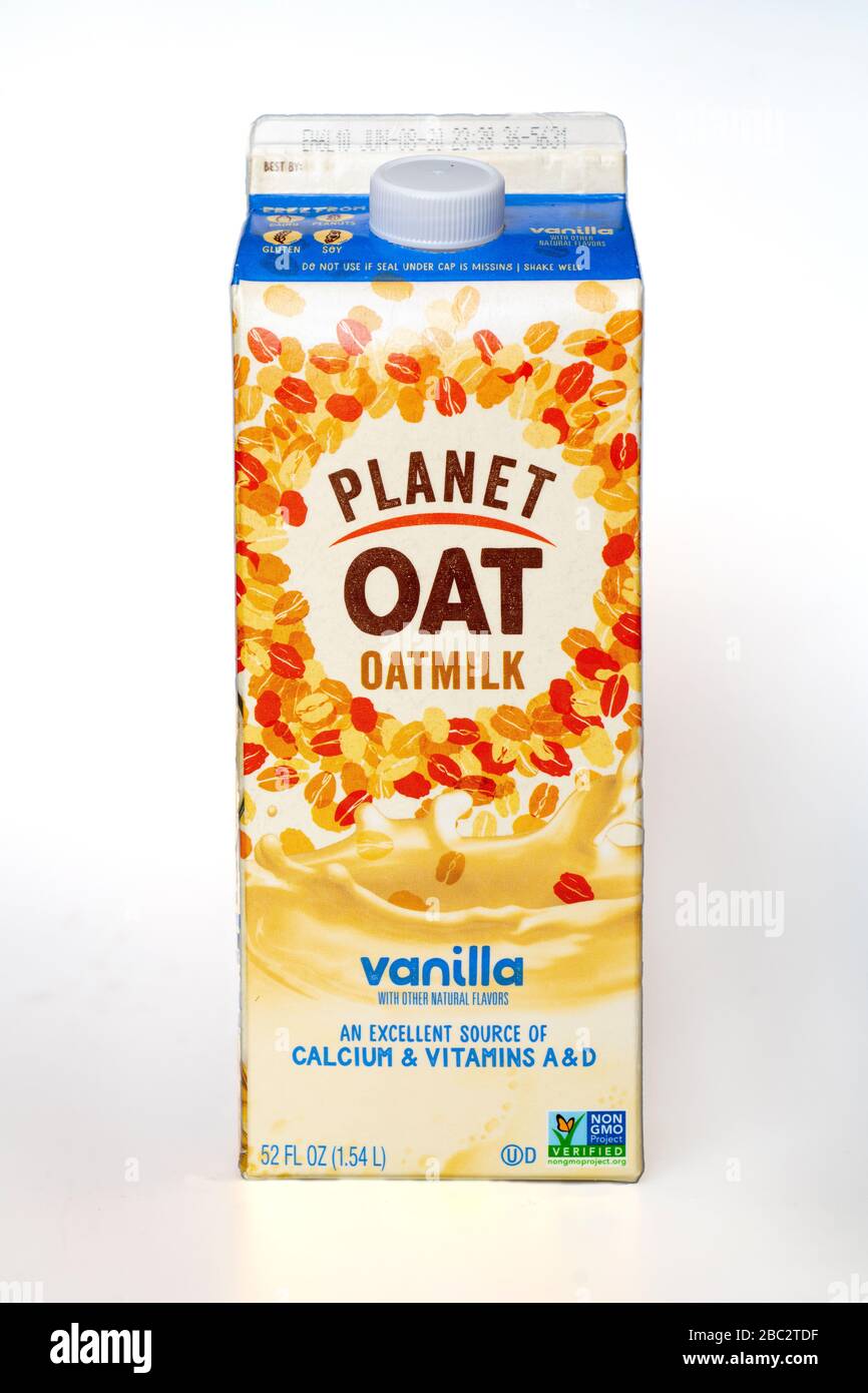 Food Non Dairy Oat Milk made from oats as a milk alternative Vanilla flavor Stock Photo