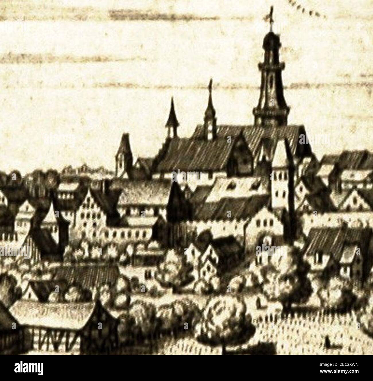 Großenhain um 1650 Rathaus und dahinter Marienkirche; Kupferstich von ...