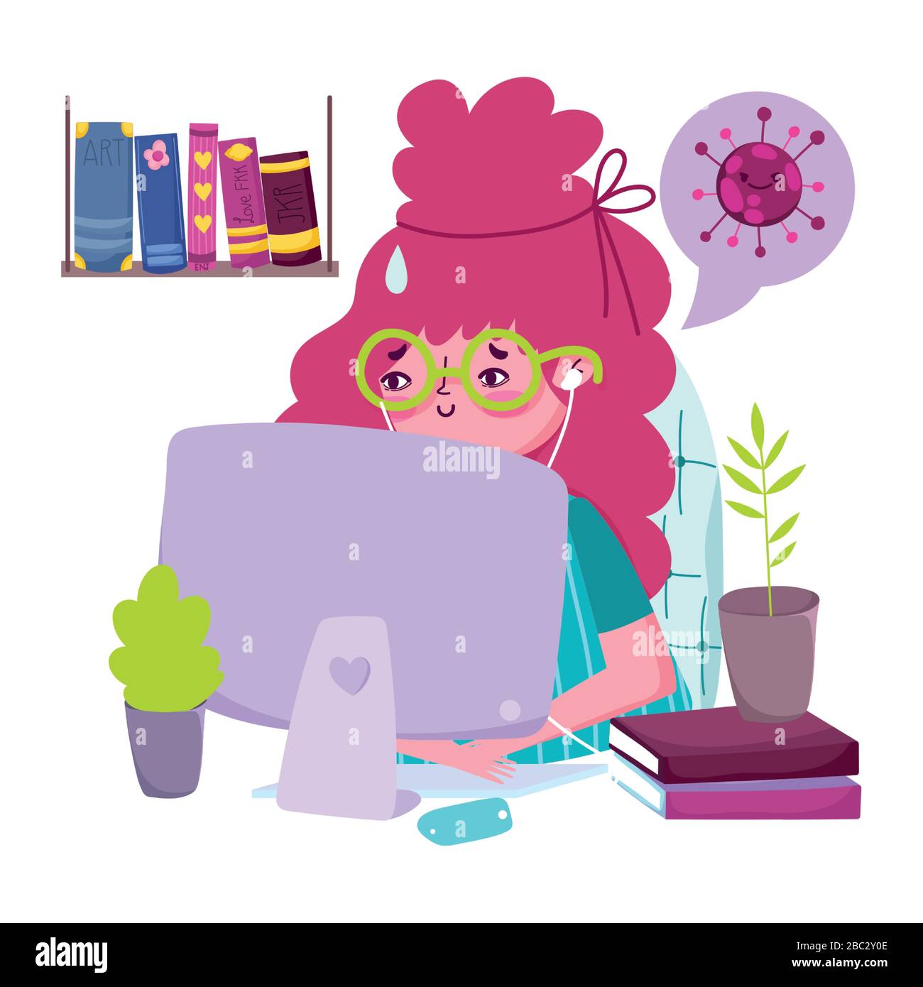 stay at home, young woman with laptop and headphones in room quarantine ...
