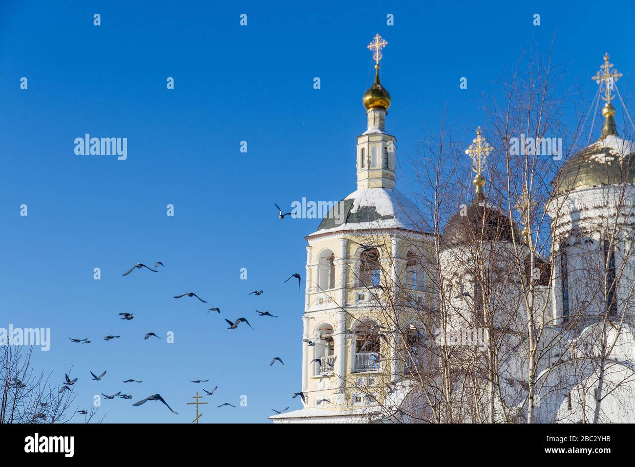 Flock of pigeons fly over against a russian orthodox monastery. Stock Photo