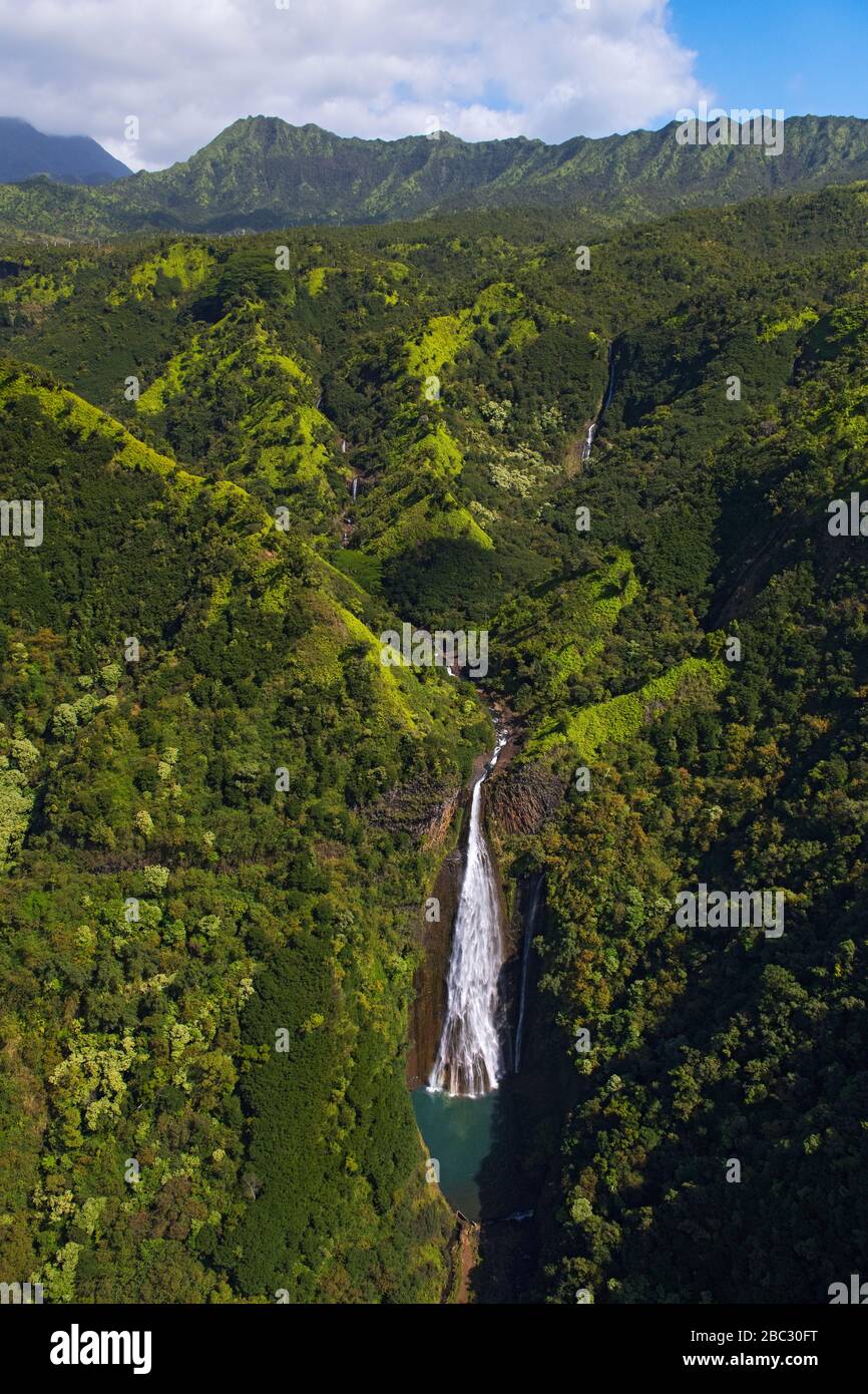 Aerial view of Manawaiopuna Falls, Kauai Stock Photo