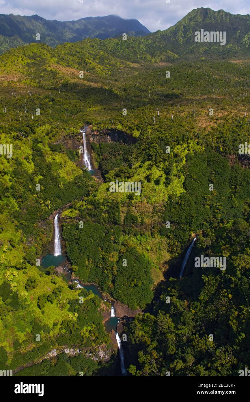 Aerial view of Manawaiopuna Falls, Kauai Stock Photo