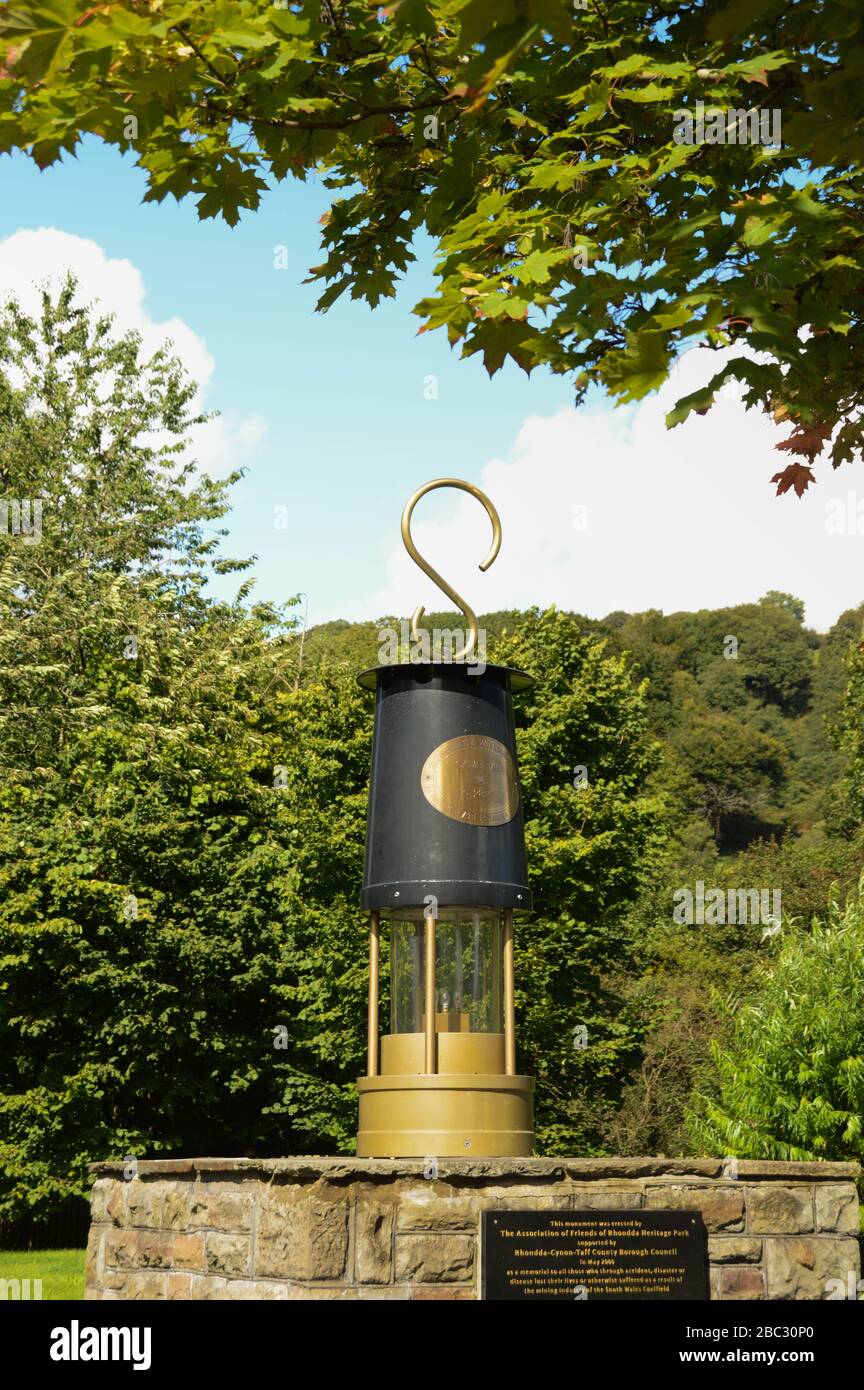 Porth, Wales - September 2017: A large scale reproduction of a traditional miner's lamp at the entrance to the Rhondda Heritage Park, Stock Photo