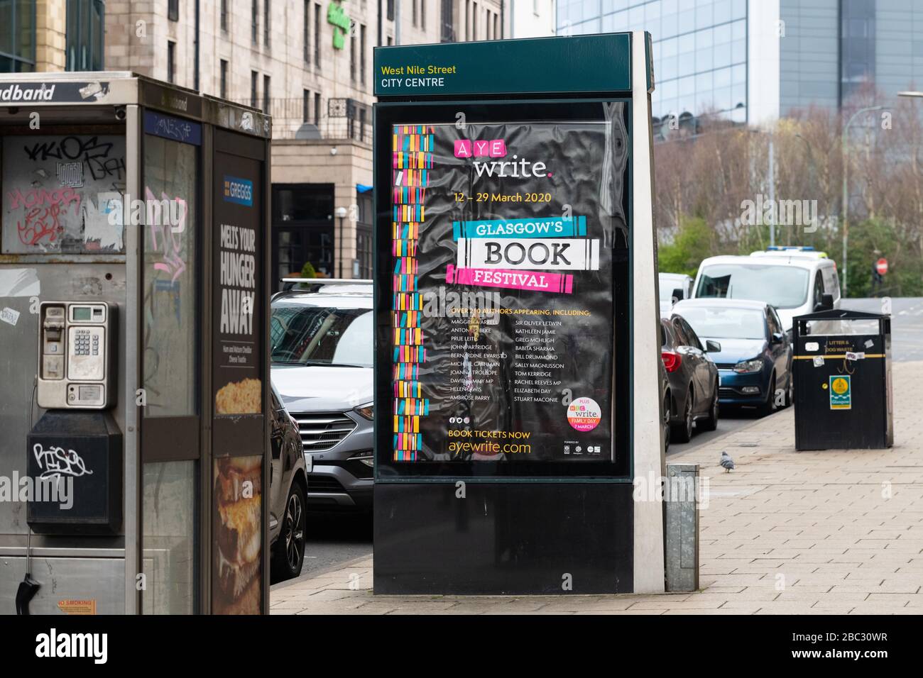 advertising poster for Aye write Glasgow's Book Festival March 2020 - cancelled due to the coronavirus pandemic, Stock Photo