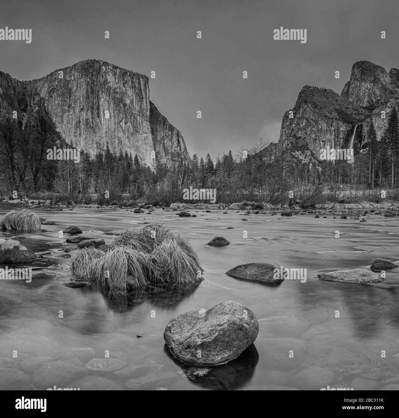 A black and white image of the famous Yosemite Valley from the Merced River Stock Photo