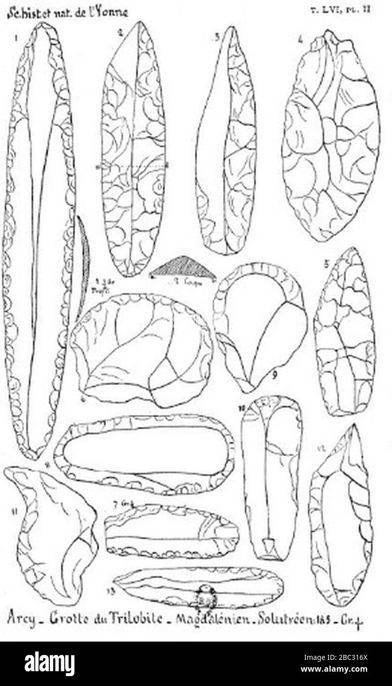 Grotte du Trilobite - Arcy - outils lithiques planche 2. Stock Photo