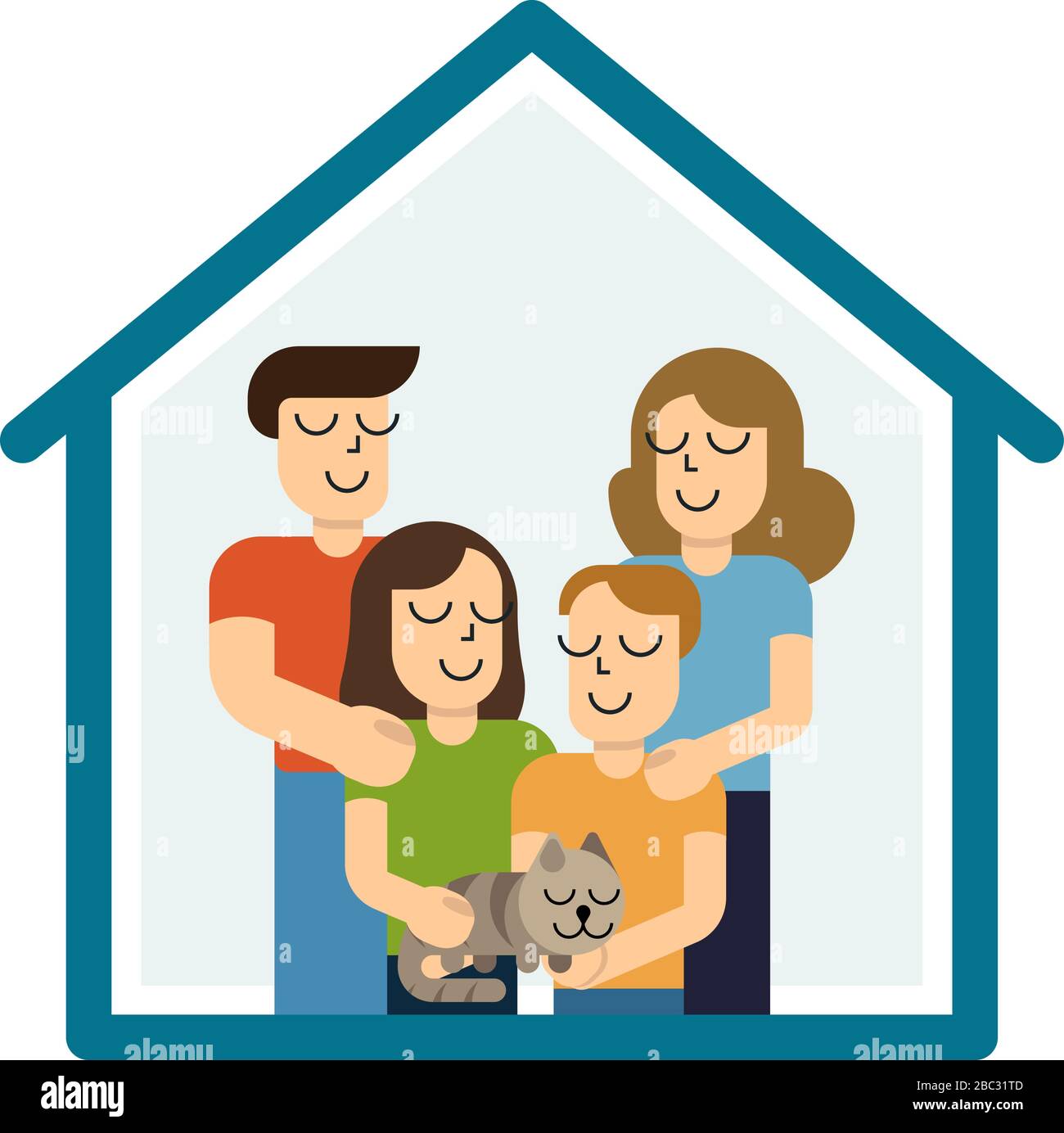 Concept housing a young family. Mother, father, son, daughter and cat in new house with a roof. Simple style vector design illustrations. Stock Vector