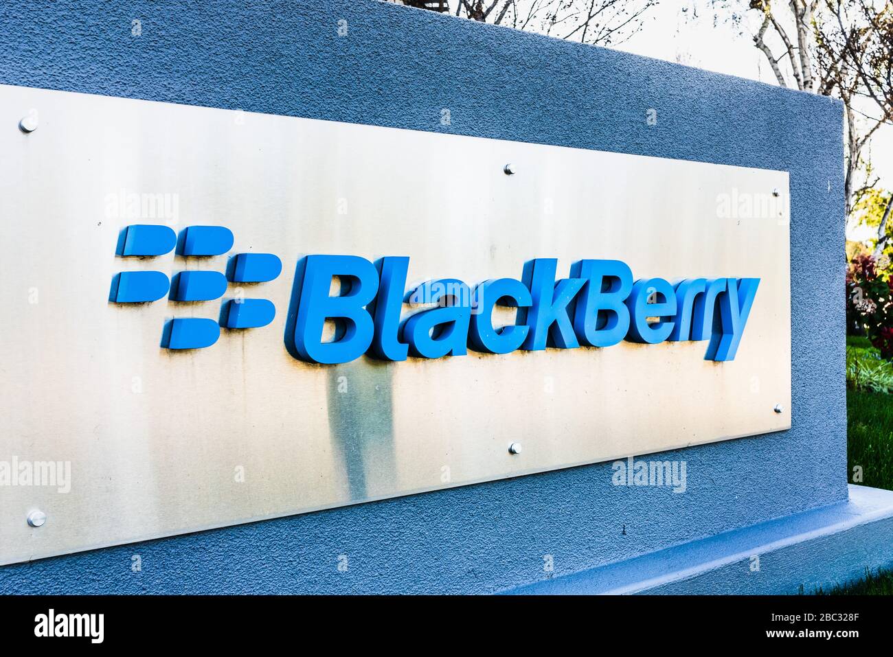 Mar 30, 2020 Mountain View / CA / USA - Blackberry logo their Silicon Valley headquarters; BlackBerry Ltd (former developer of the BlackBerry smartpho Stock Photo