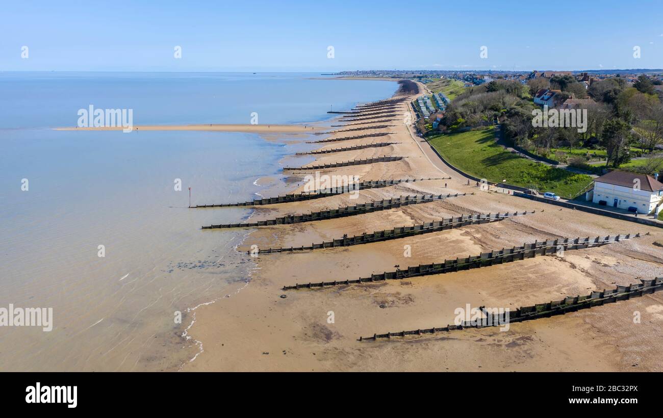 An aerial view of a sandy beach. Whitstable, Kent, UK Stock Photo