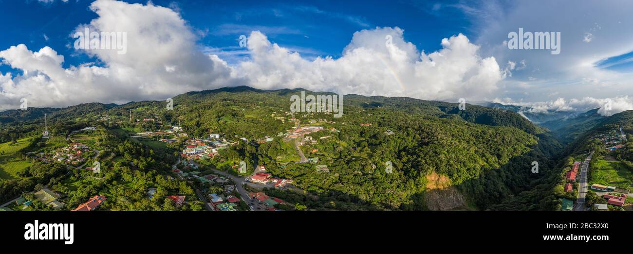 Aerial panoramic view of Santa Elena town, gateway to the cloud forests of central Costa Rica and the famed Monteverde Cloud Forest Reserve. Stock Photo