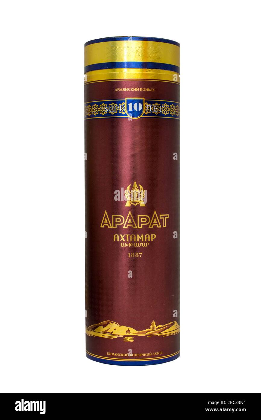 OKT 19, 2016 PILOS, GREECE: Bottle box of cognac Ararat. Ararat ia very famous and popular Armenian brandy Stock Photo