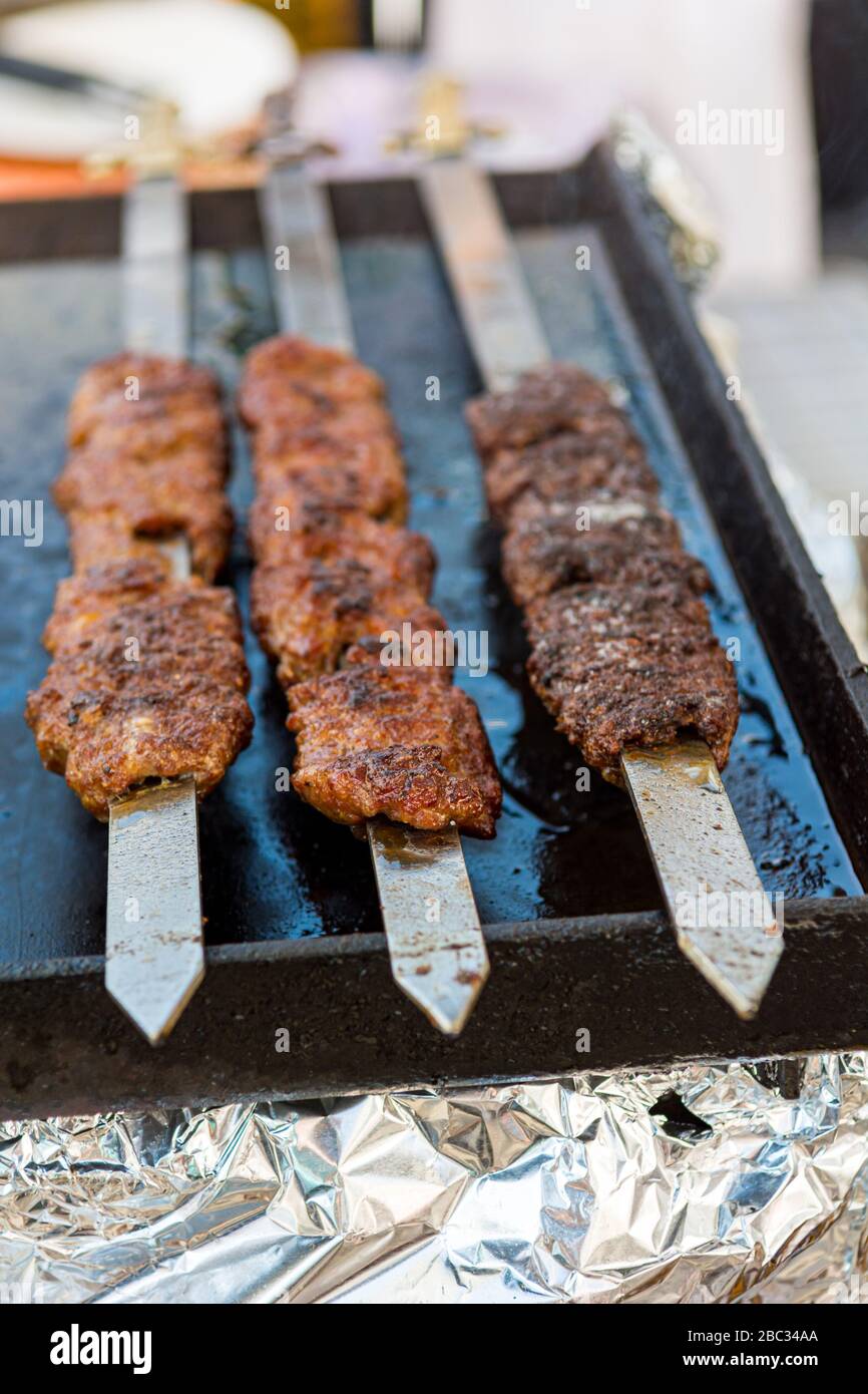 Delicious shis kebab on a metal skewer Stock Photo Alamy