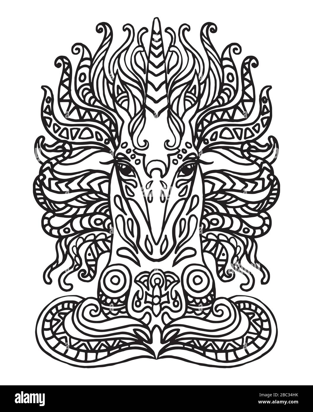 Vector zentangle doodle coloring antistress with ornamental unicorn portrait isolated on white background. Illustration for decorate tee shirt, statio Stock Vector