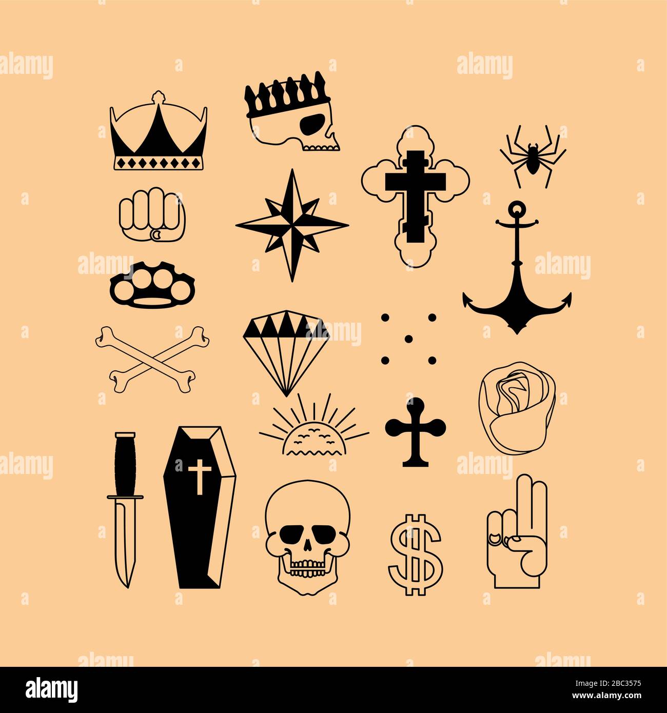Russian prison tattoo set. Russia criminal symbol. Skull, Cross and chain. Barbed wire and crown. Thief stars. sign Prisoner mafia tattooing. Stock Vector