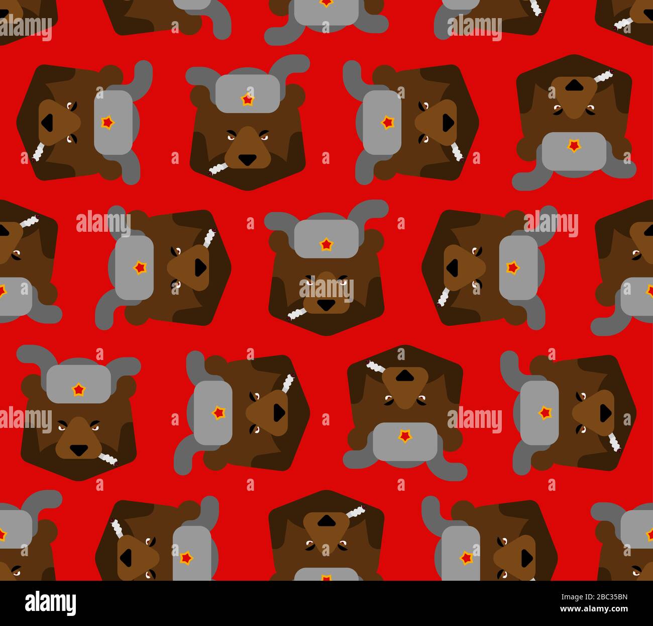 Russian bear with ear flaps pattern seamless. Russia animal face background Stock Vector