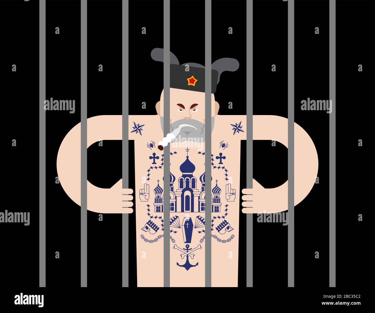 Russian prisoner with tattoo. Russia criminal guy mafia tattooing. Church and skull. Cross and chain. Barbed wire and crown. Thief stars. Stock Vector