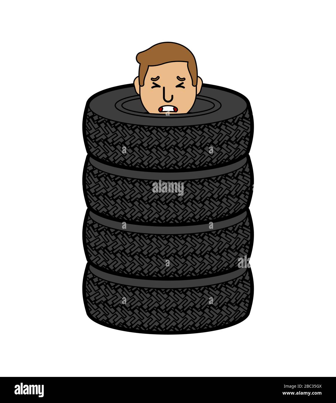 Man inside car tire. Guy in stack of car tires. vector illustration
