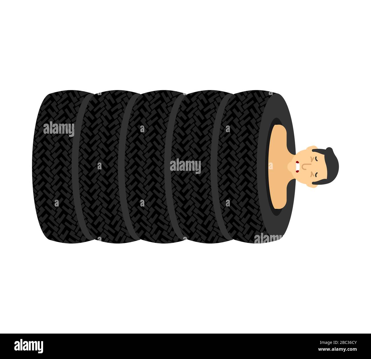 Man inside car tire. Guy in stack of car tires. vector illustration