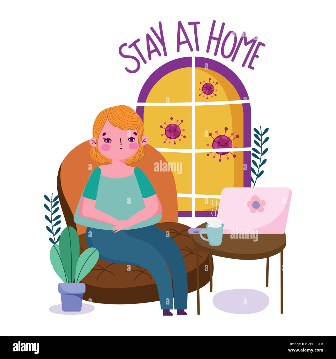stay at home, young woman sitting in sofa with laptop and coffee cup ...