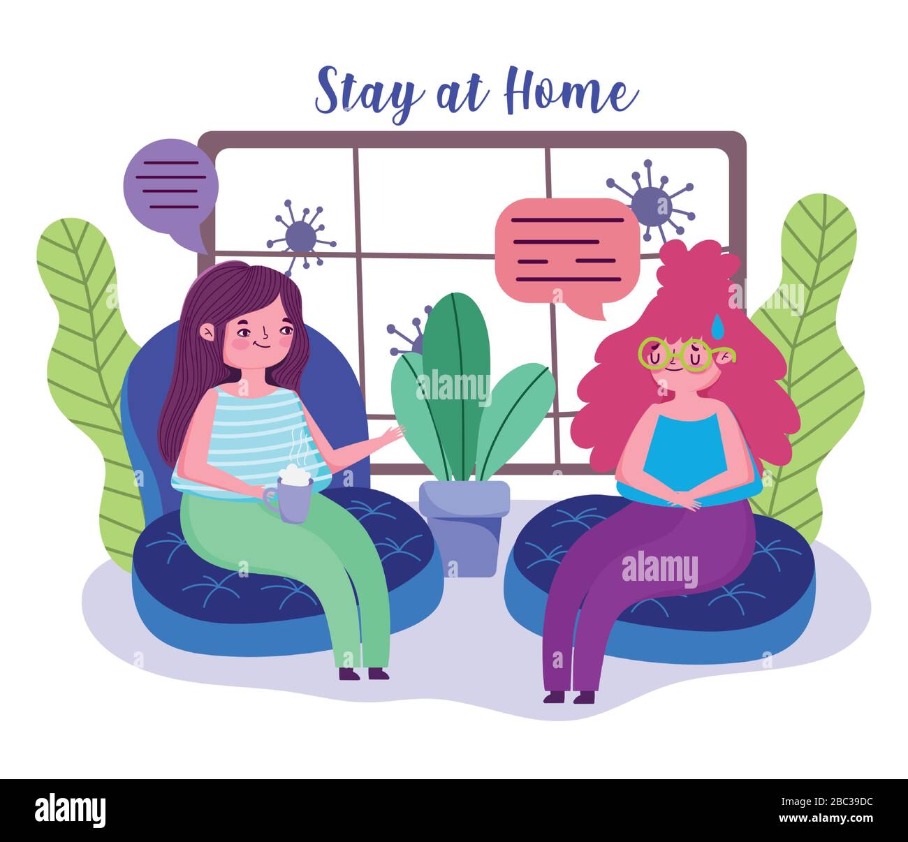 stay at home, young women talking in living room quarantine vector ...