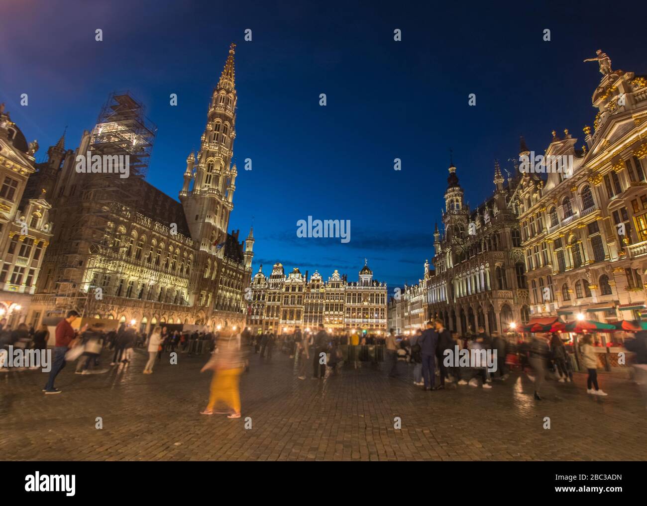 A Night View Of The Grand Place Central Square In Brussels, Belgium Stock Photo