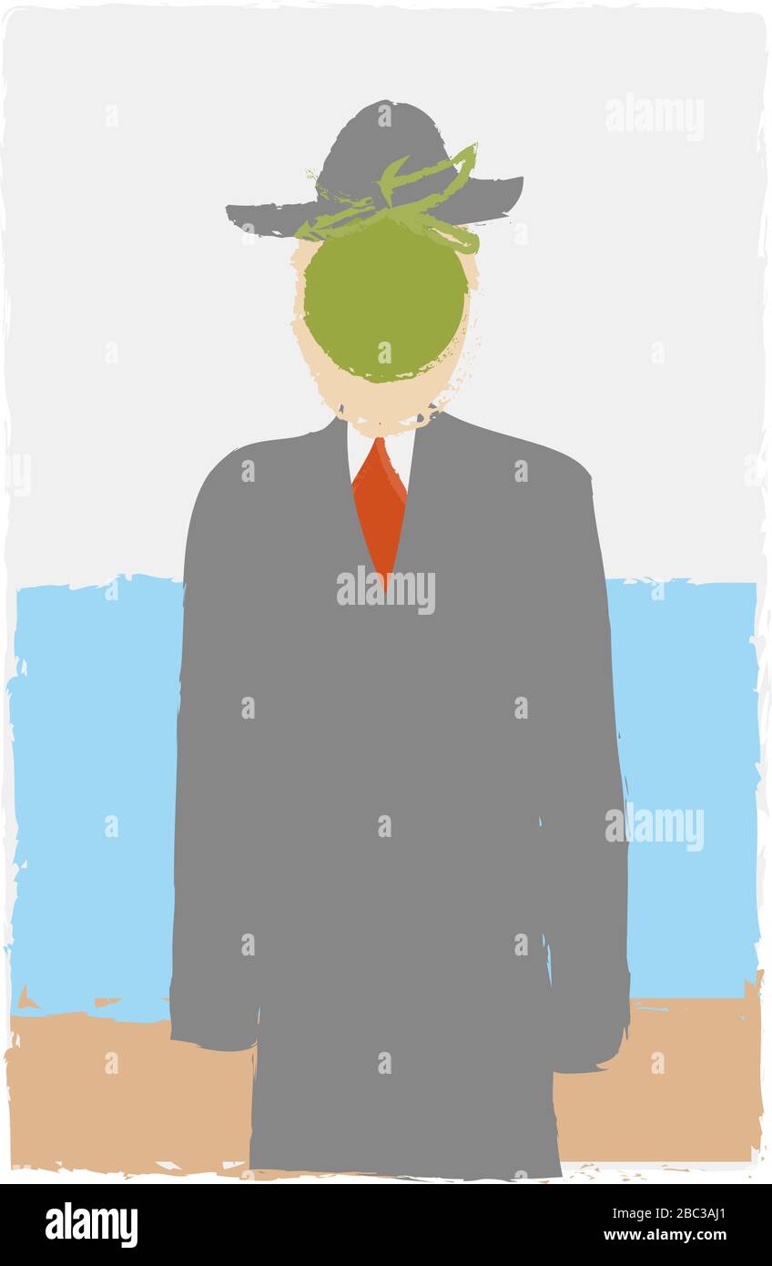 The Son of Man, Rene Magritte Imitation like child s drawing in cartoon style. surrealism painting art. Man and green apple greeting card decoration. Simple vector stylized design isolated. Stock Vector