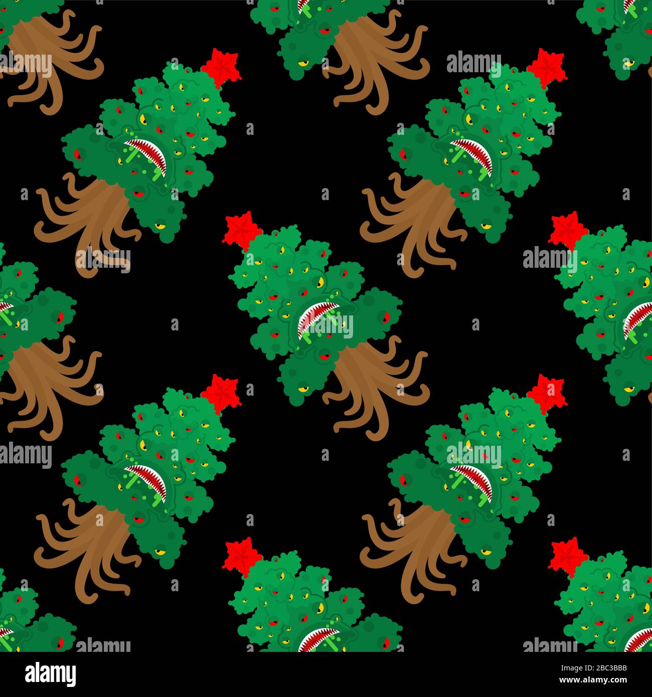 Christmas tree monster pattern seamless. Fir mutant background . Angry Xmas and New Year vector texture Stock Vector