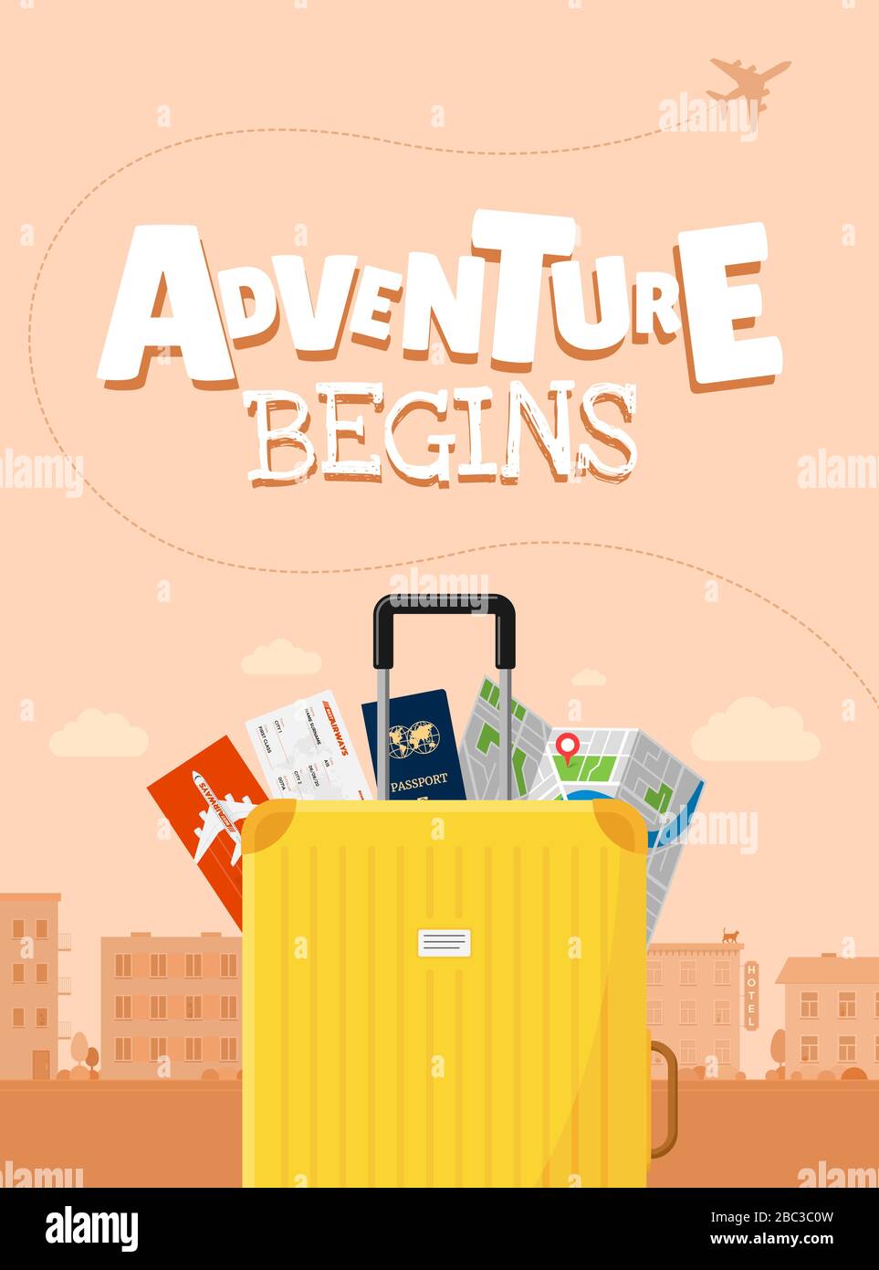 Adventure begins advertising vacation travelling poster design concept. Suitcase luggage with map flight ticket and passport. Different touristic elements and airplane path vector illustration poster Stock Vector