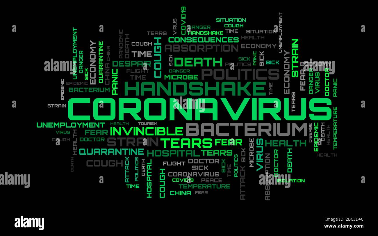 Green coronavirus modern word cloud on black background Stock Photo