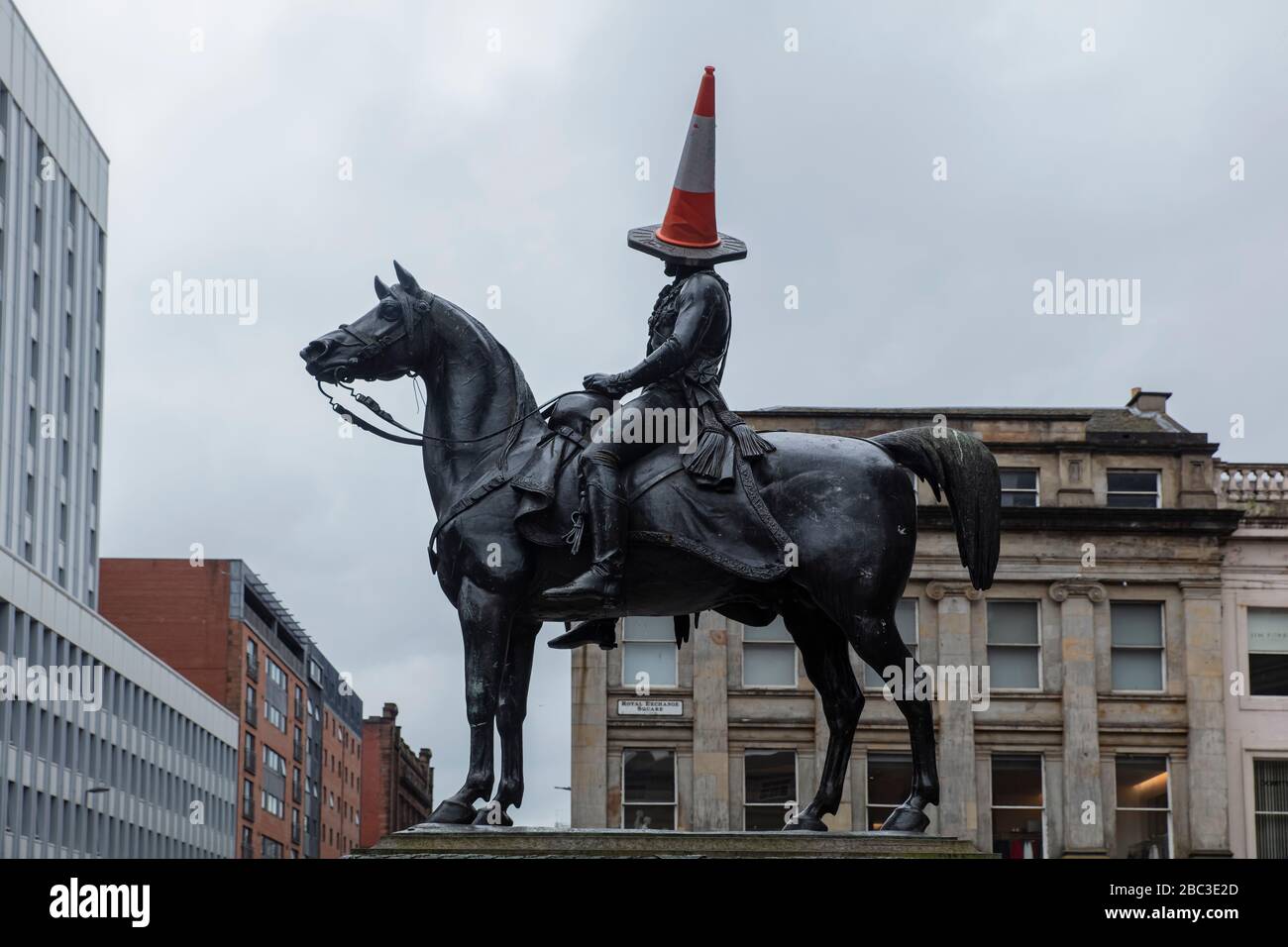 Statue of the Duke of Wellington with a traffic cone on its head side