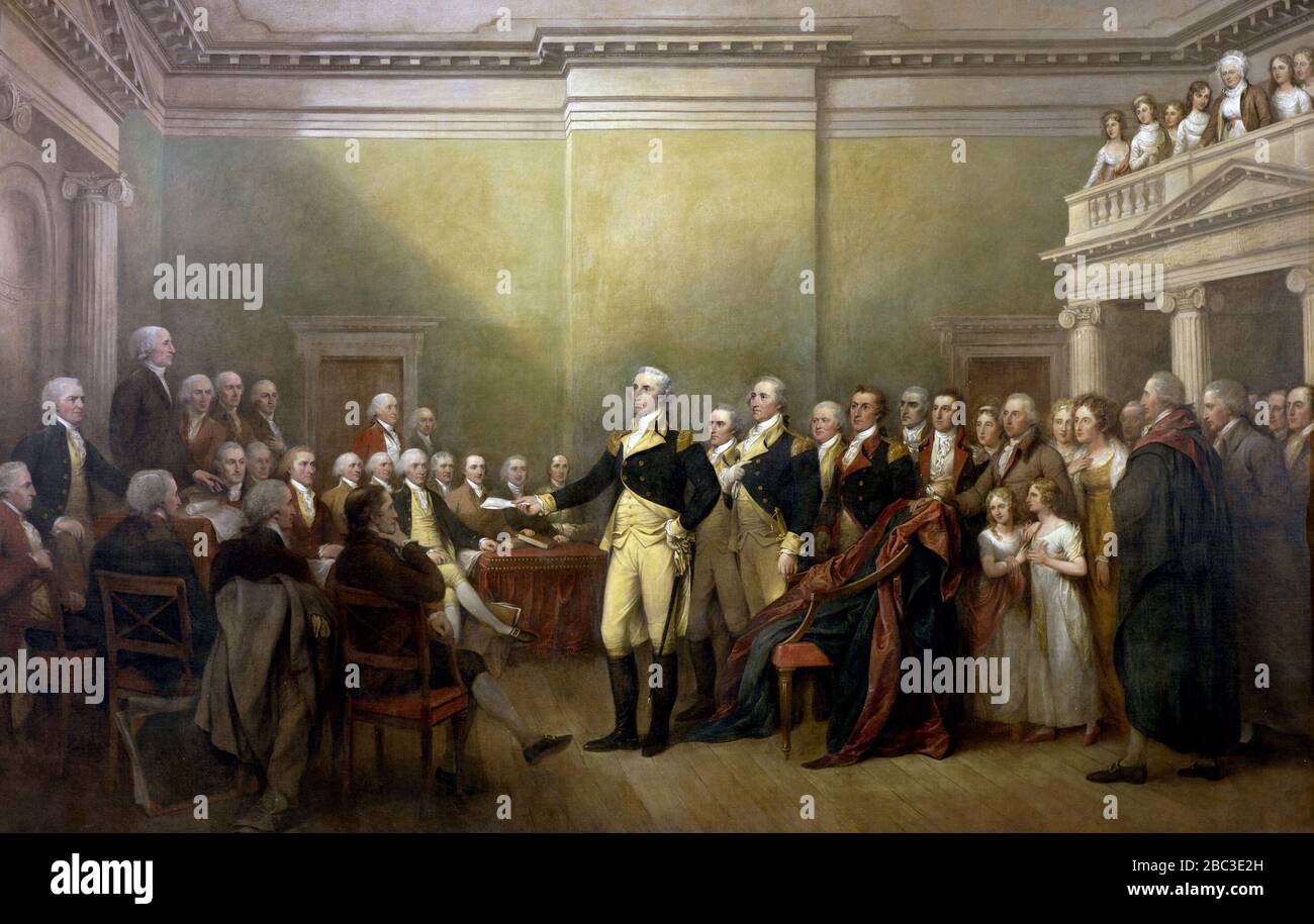 George Washington's resignation as commander-in-chief of the Army to the Congress, which was then meeting at the Maryland State House in Annapolis, on December 23, 1783.  Painting by John Trumbull (1756–1843). Stock Photo