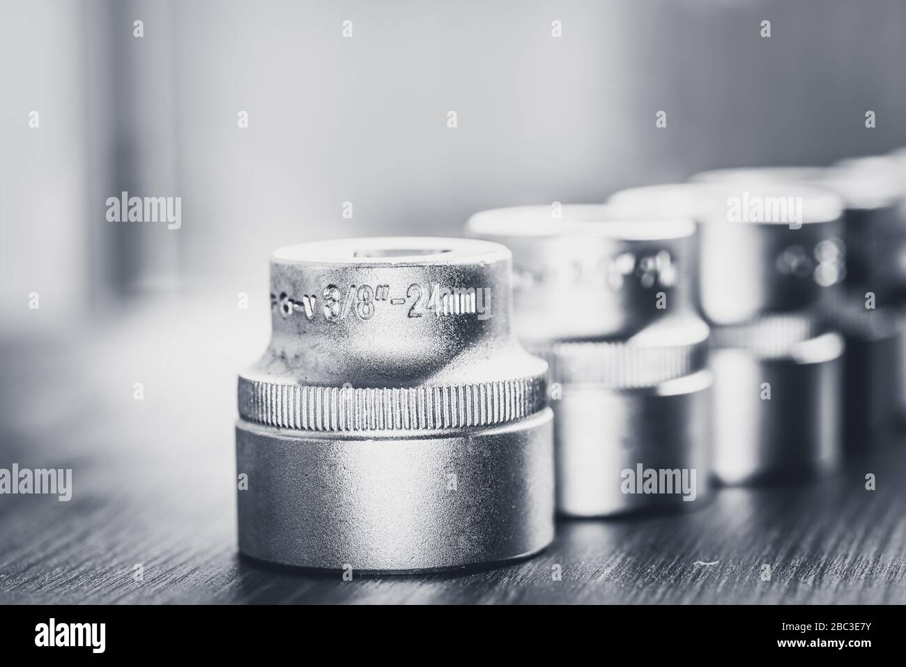 Set of new socket wrenches in a workshop Stock Photo