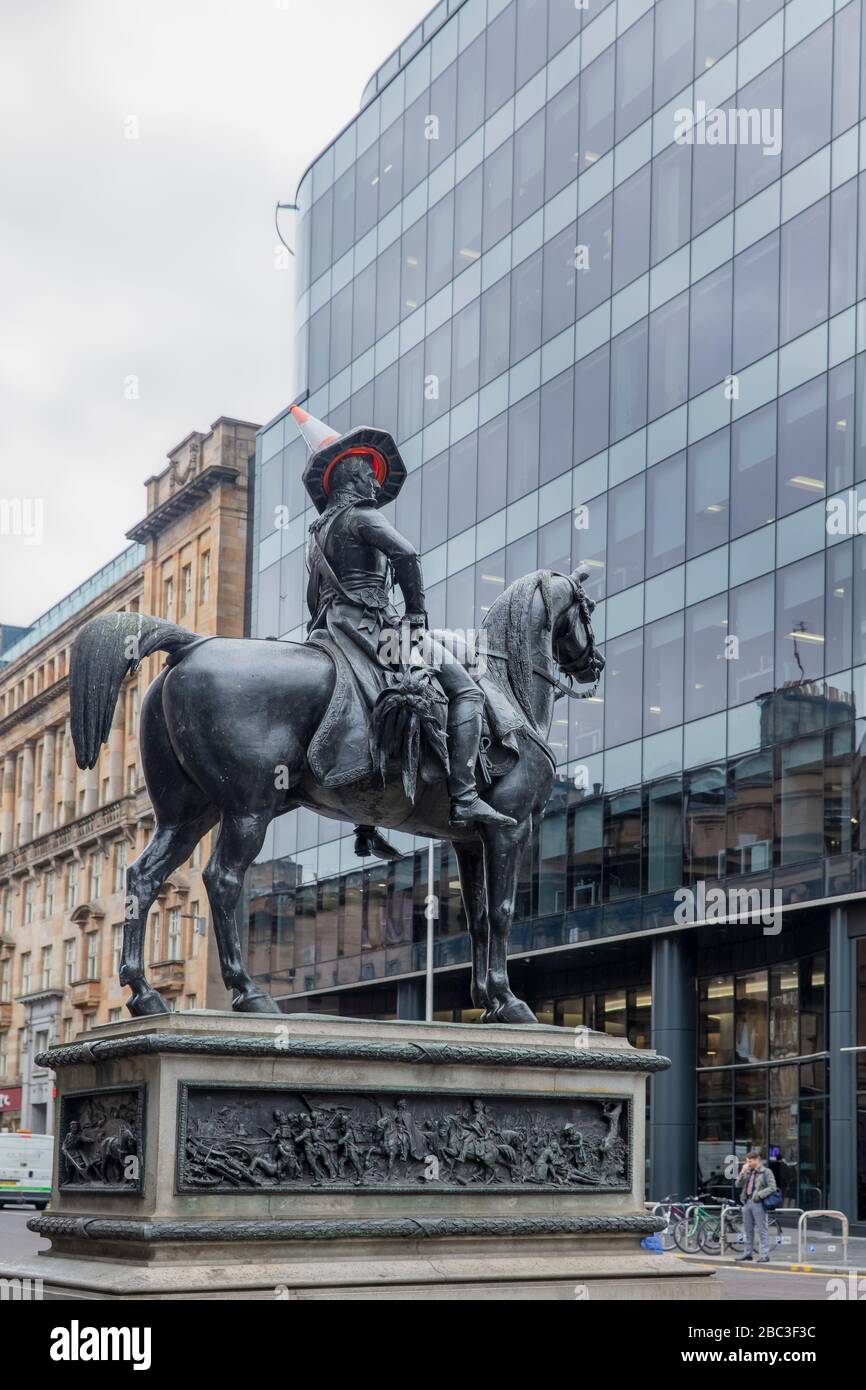 Duke of wellington statue with traffic cone on head hires stock