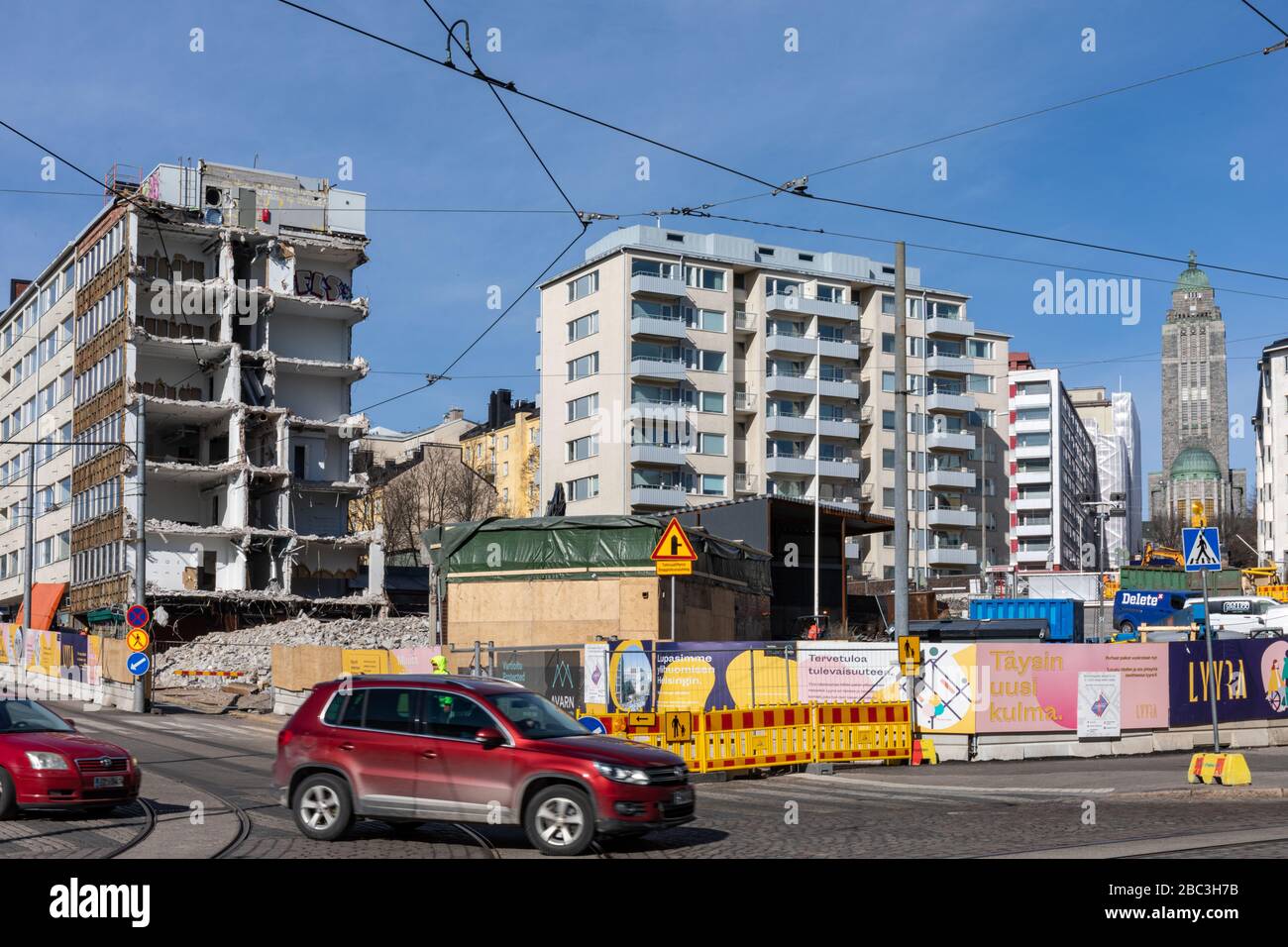 Kallio district civic center under demolition on the corner of Toinen Linja and Siltasaarenkatu in Helsinki, Finland Stock Photo