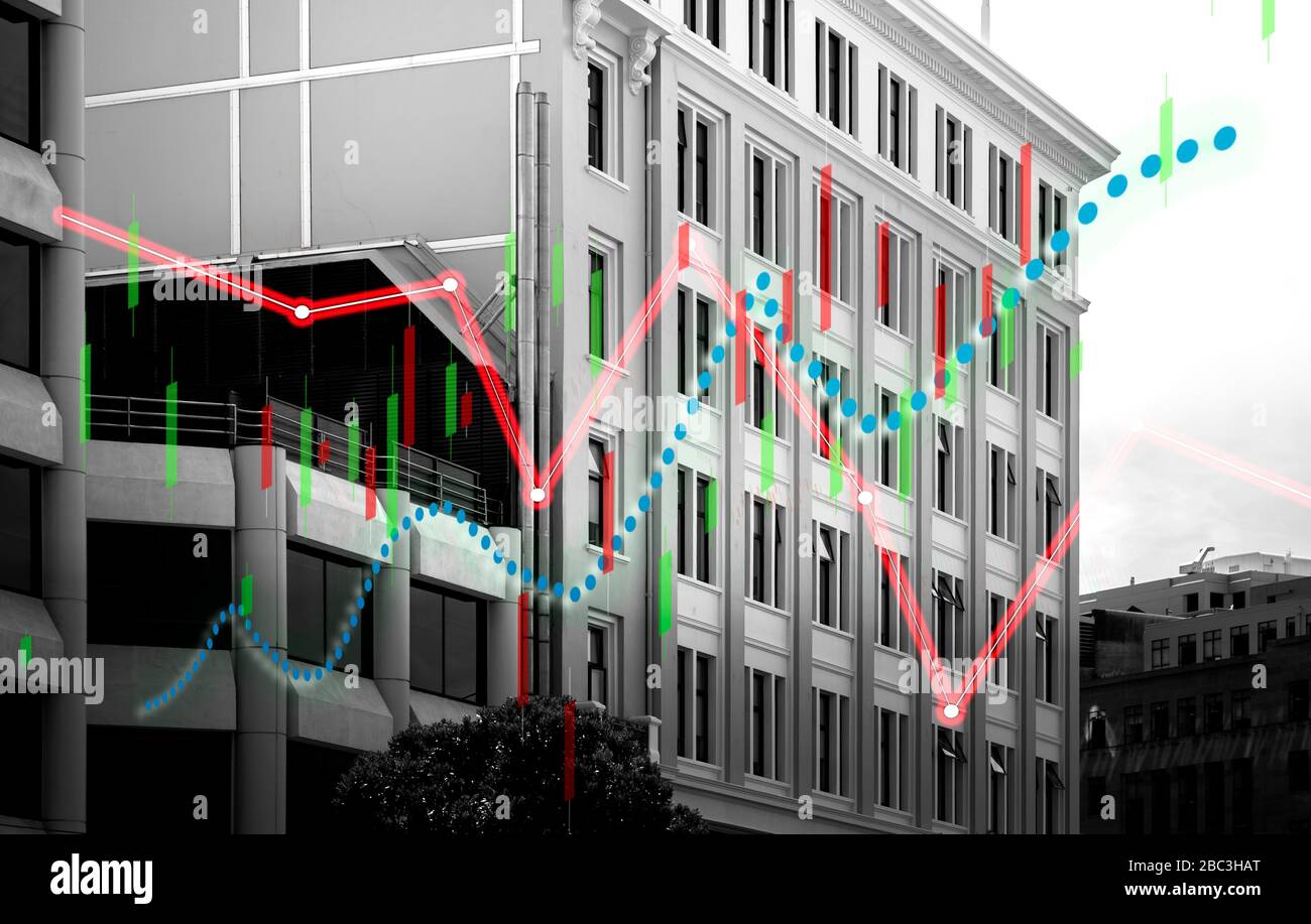 Index graph chart with buildings background double exposure. Financial ...