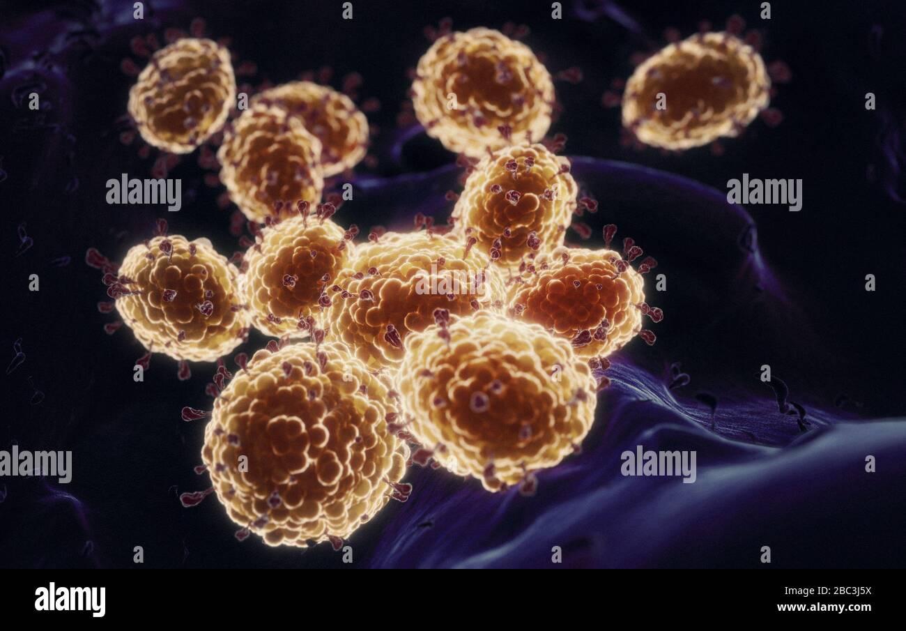 Details of Coronavirus COVID-19 on human cells, 3D illustration as a microscopic image inside the human body based on SEM SARS photos Stock Photo