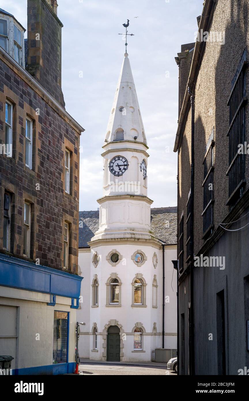 Vertical photo of Campbeltown clock tower. Kintyre peninsula, Scotland. Stock Photo
