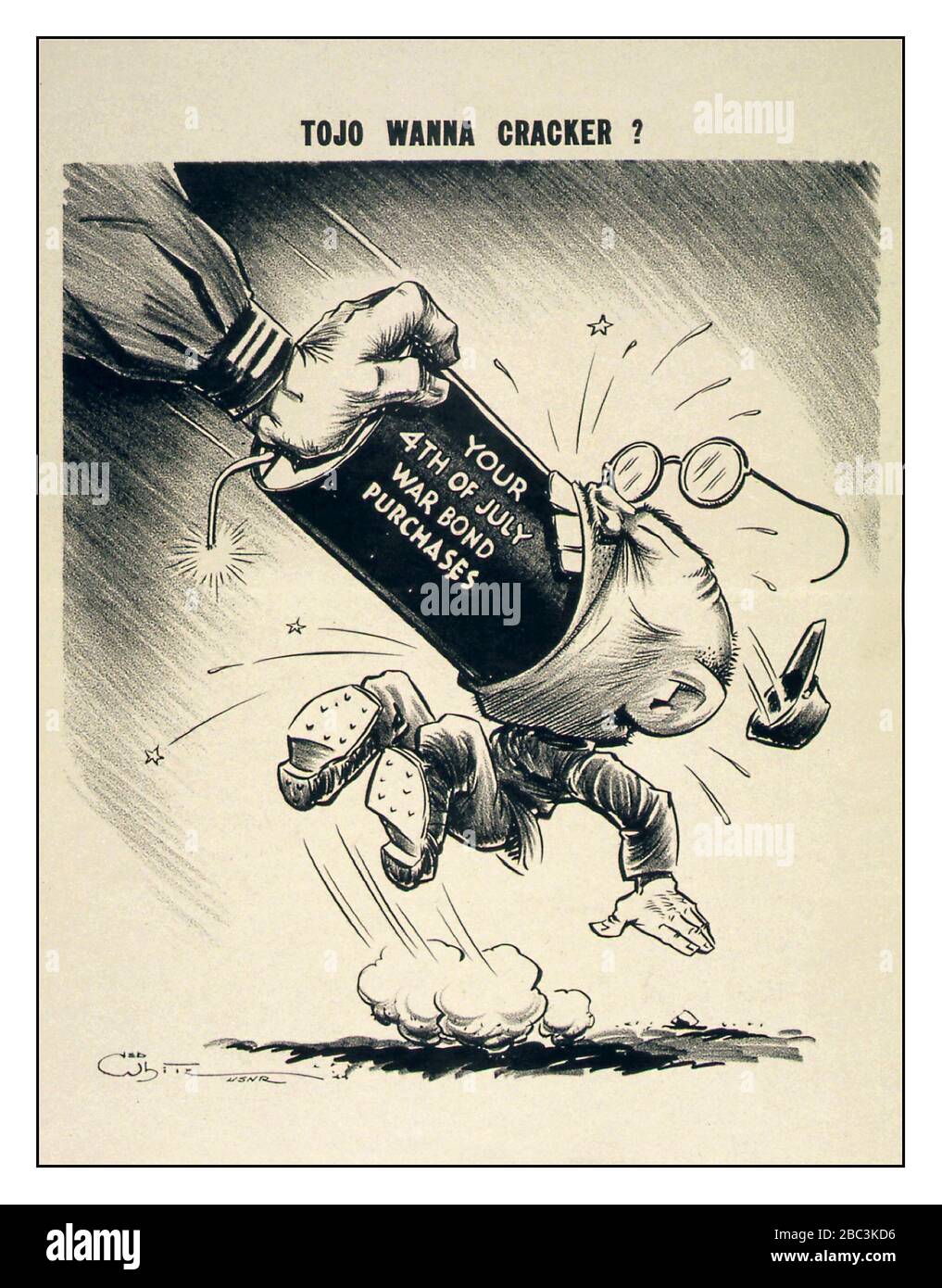 Vintage WW2 Cartoon caricature USA ' Tojo want a cracker' ? Your 4th of July war bond purchases ca. 1940s American war against Imperial Japan. Hideki Tojo (December 30, 1884 – December 23, 1948) was a Japanese politician and general of the Imperial Japanese Army served as Prime Minister of Japan and President of the Imperial Rule Assistance Association for the majority of World War II. Executed for war crimes Stock Photo