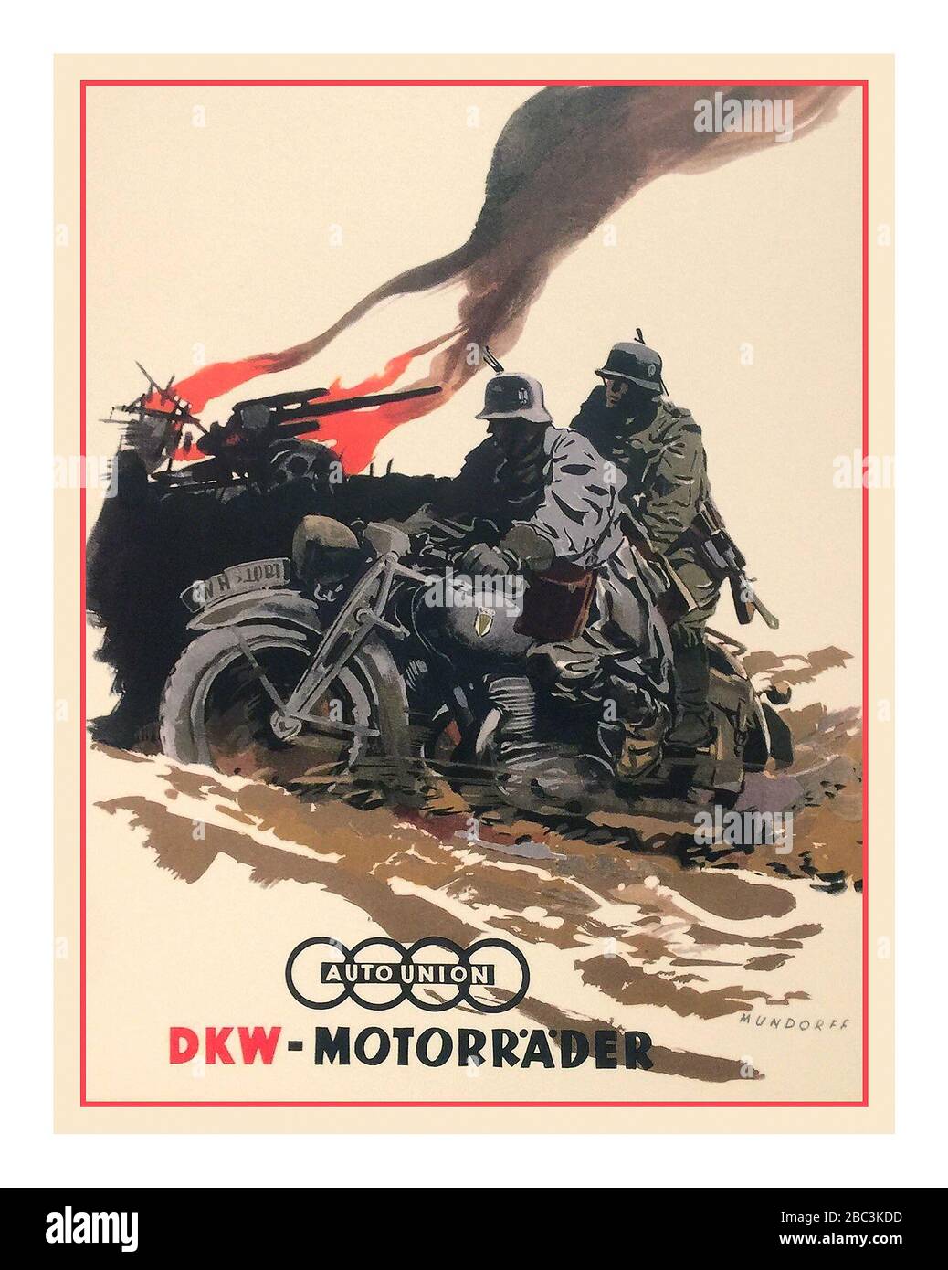 Vintage 1940s WW2 Propaganda Motorcycle DKW-Motorrader magazine page, with Wehrmacht Troops on a battlefield Germany, 1941 DKW (Dampf-Kraft-Wagen, English: steam-driven car) a German car and motorcycle manufacturer. The company and brand is one of the ancestor companies of the modern day Audi company as one of the four companies that formed Auto-Union. World War II Stock Photo