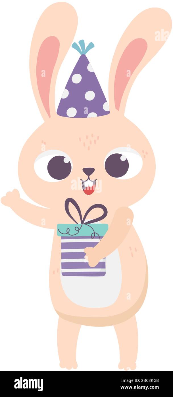 happy birthday, cute rabbit with party hat and gift cartoon isolation ...